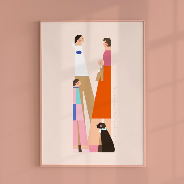 Digital Family Portrait Illustration from Photos, Anniversary, Valentine's gift for Him, for Her, Minimalist Portrait with a Pet, Dog, Cat
