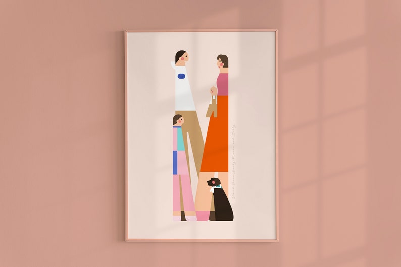 Digital Family Portrait Illustration from Photos, Anniversary, Valentine's gift for Him, for Her, Minimalist Portrait with a Pet, Dog, Cat image 1
