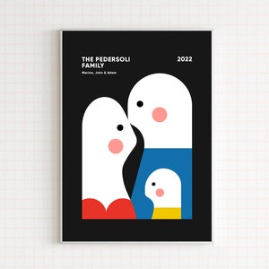 Ilustración de retrato familiar inspirada en el estilo Bauhaus, Arte familiar de aniversario personalizado, Idea de regalo familiar, Familia con bebé, Arte de pared digital