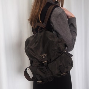 PRADA Nylon Backpack Bag Brown Triangle Logo Purse Authentic