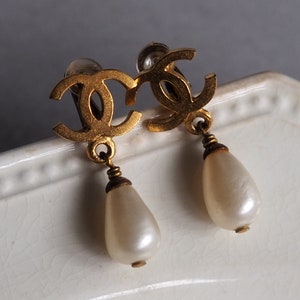 CHANEL Vintage Earrings Coco Mark Pearl Drop Gold Plated -  UK