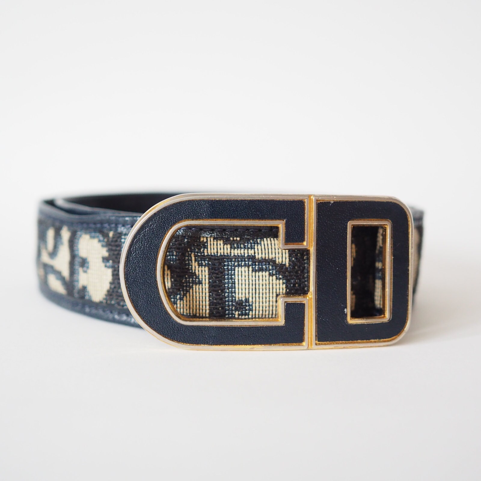 Christian Dior ロゴ柄ベルト ネイビー Christian Dior Vintage Monogram Gold Logo Buckle Belt Navy