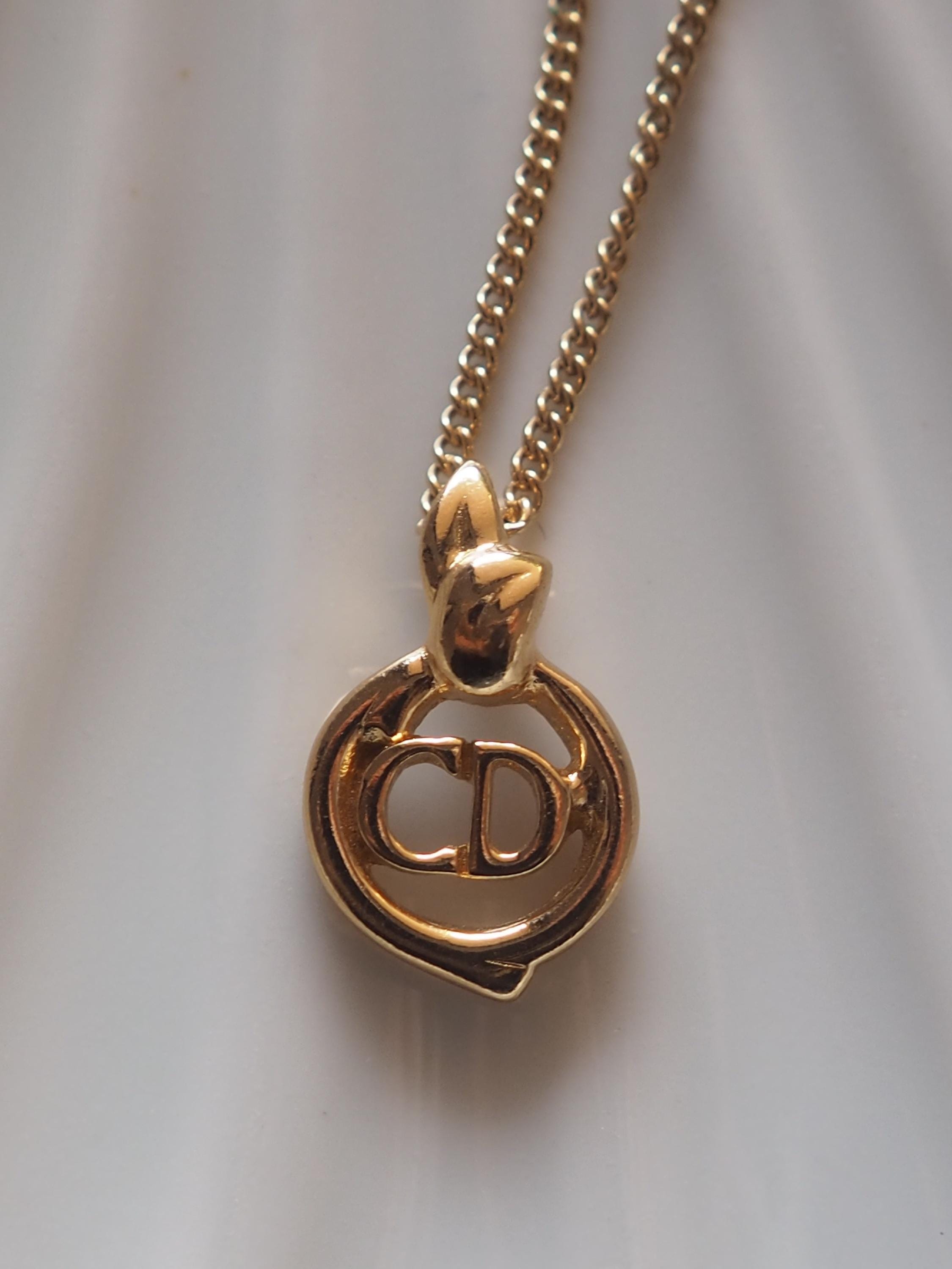 Christian Dior Necklace CD Logo Motif Vintage Metal Gold Authentic