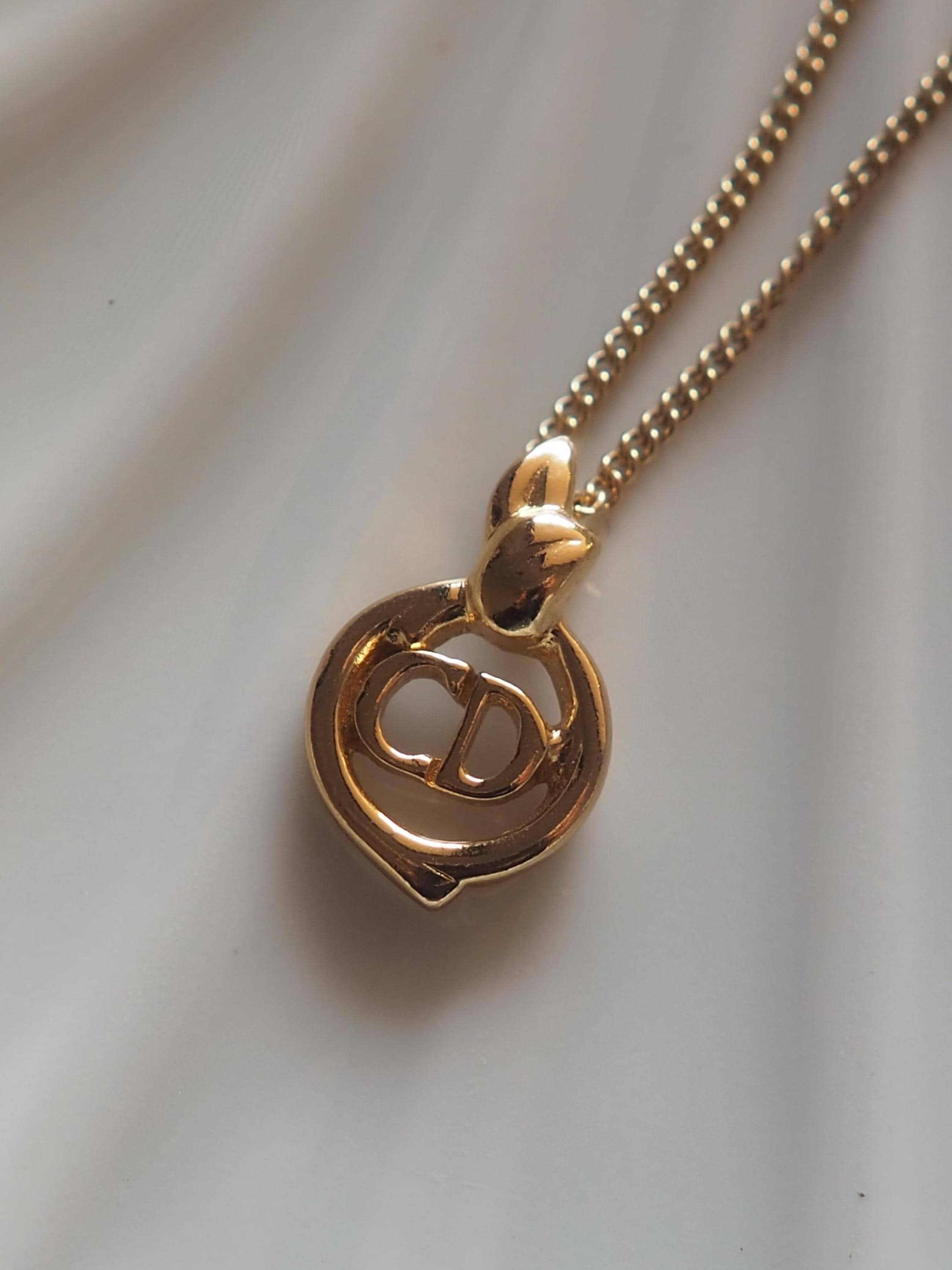 Christian Dior Necklace CD Logo Motif Vintage Metal Gold Authentic
