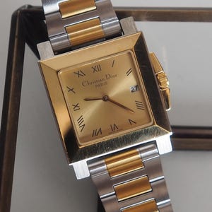 Christian Dior Square Watch Gold Silver Metal Quartz Wristwatch Unisex Mens Ladies Vintage Authentic