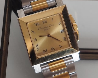 Christian Dior Square Watch Gold Silver Metal Quartz Wristwatch Unisex Mens Ladies Vintage Authentic