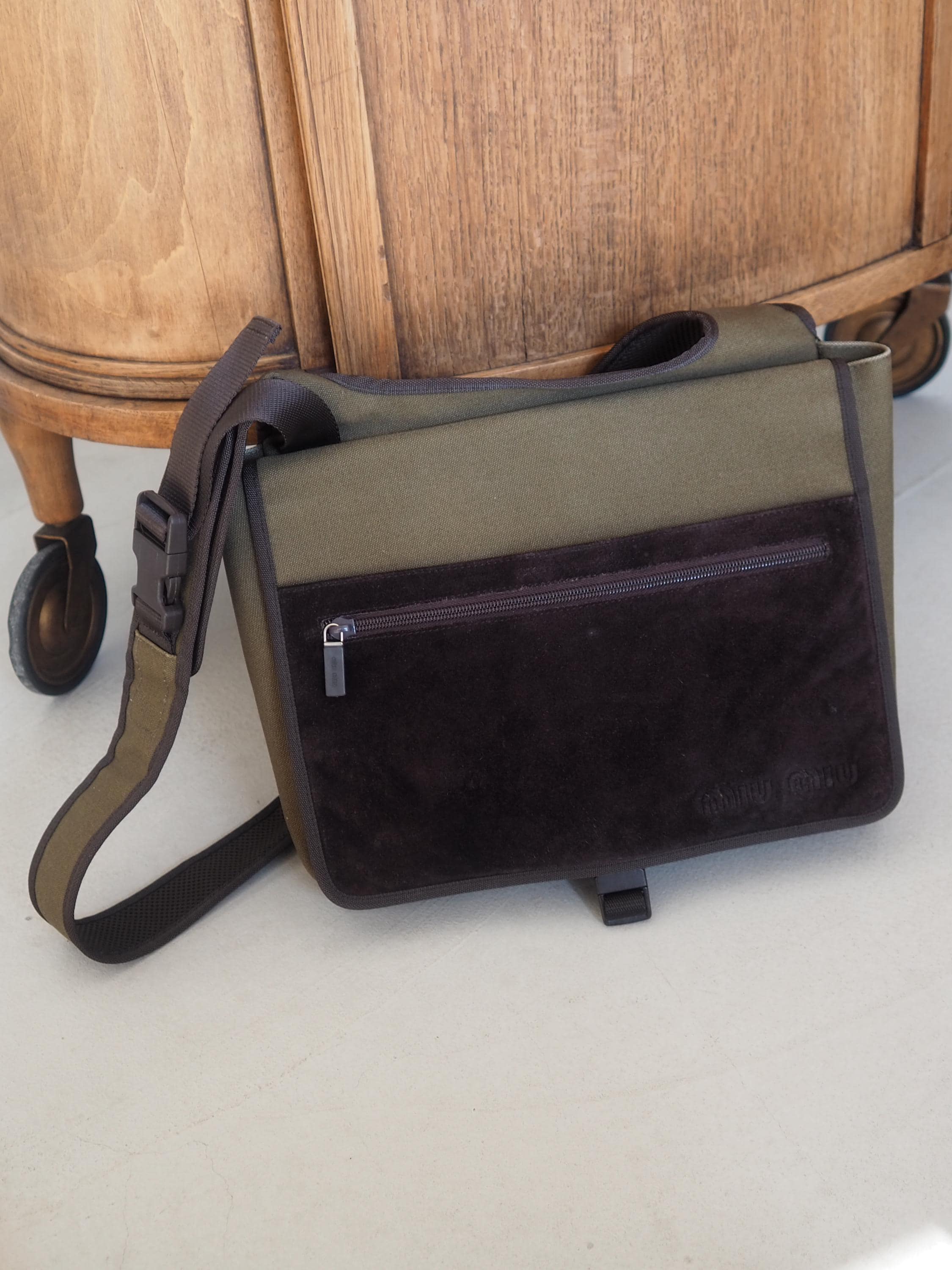 MIUMIU Archive Shoulder Bag Canvas Suede Brown Green Unisex MIUMIU Archive Shoulder Bag Canvas Suede Brown Green Unisex