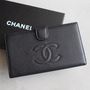 CHANEL COCO Long Wallet Purse Caviar Skin Leather Black Authentic Vintage Box