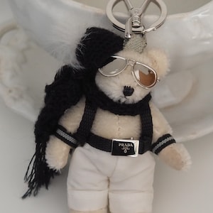PRADA Teddy Bear Keychain Key Charm White Mohair Silver Metal