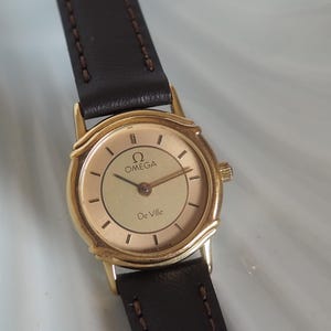 OMEGA DE VILLE Round Two-tone Watch Gold Color Stainless steel Brown Leather Ladies Vintage Antique Authentic