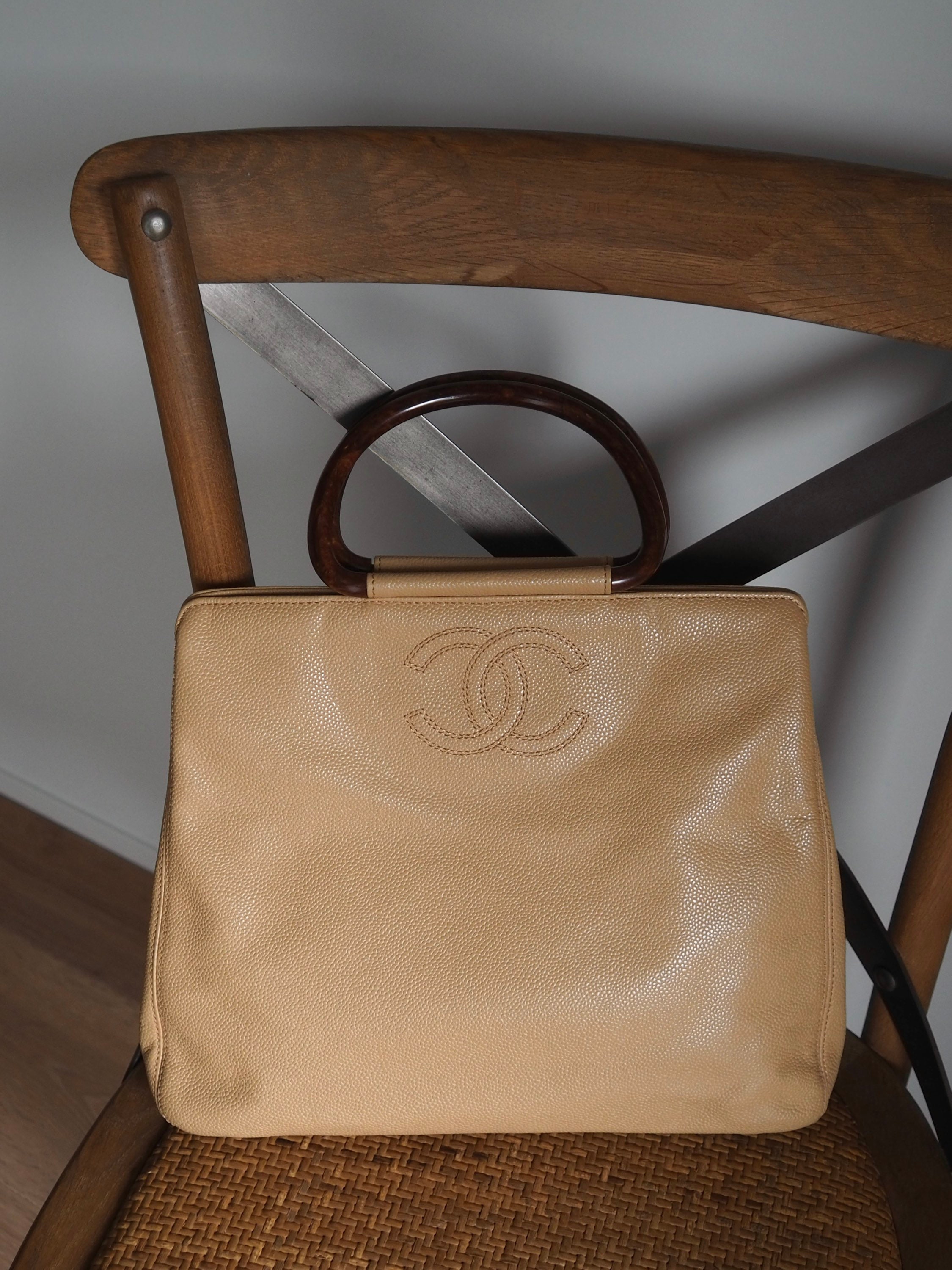 CHANEL Wood Handle Caviar Skin CC Logo Hand Bag Beige Vintage Authentic Etsy India