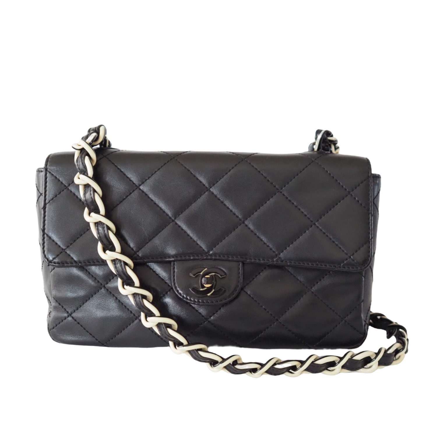 Chanel School Memory Top Handle Flap Bag Quilted Caviar Mini