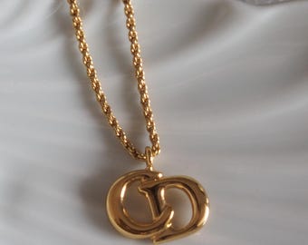 Christian Dior Necklace CD Logo Vintage Metal Gold Authentic