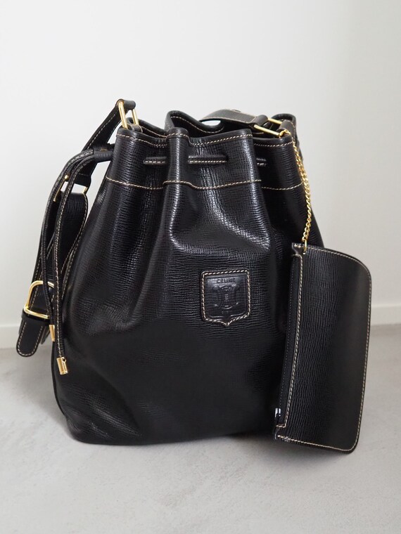 CELINE Drawstring Bucket Shoulder Bag Black Leather Authentic Etsy