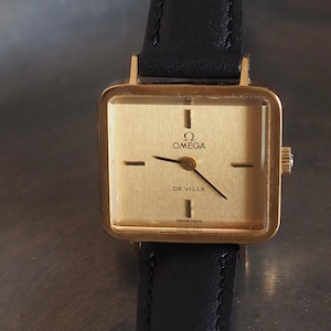 OMEGA DE VILLE Emerald Watch by Andrew Grima Gold Color Stainless steel Black Leather Unisex Vintage Antique Authentic