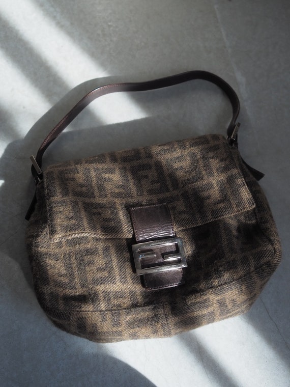 FENDI ZUCCA Mamma Bucket Bag Wool Leather Brown Vintage 