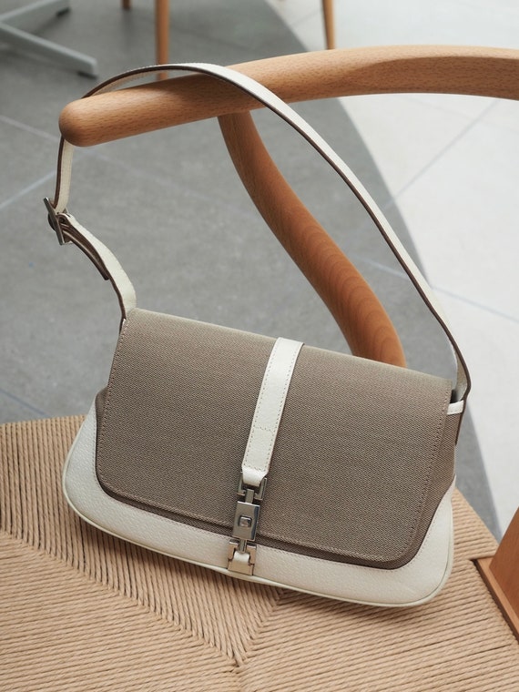 GUCCI Jackie Canvas Leather Shoulder Bag Beige Silver Vintage Authentic Etsy UK