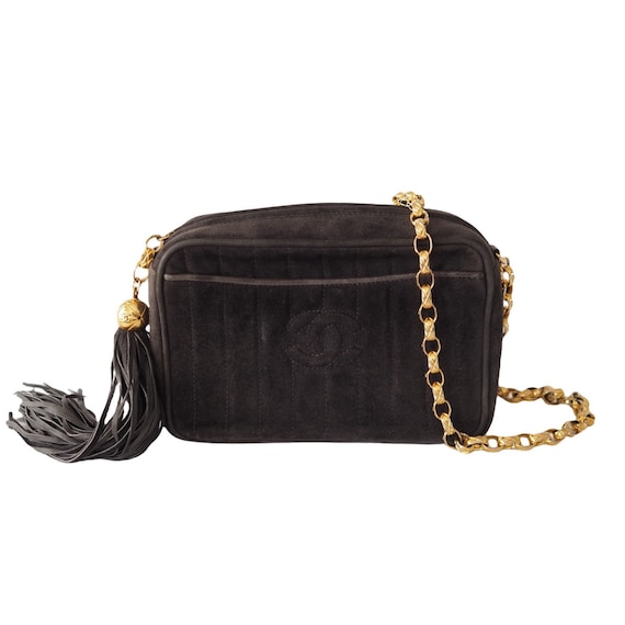 Chanel Cc Suede Black Chain Shoulder Bag Fringe Mademoiselle Etsy Uk