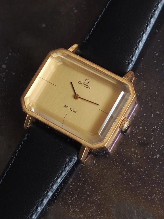 OMEGA DE VILLE Emerald by Andrew Grima Watch Gold Color Stainless Steel Black Leather Unisex Vintage Antique Authentic Etsy Canada