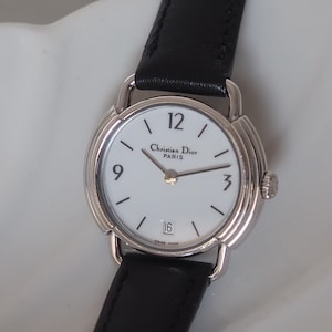 Christian Dior Round Logo Watch Silver Metal Leather Quartz Wristwatch Vintage Authentic