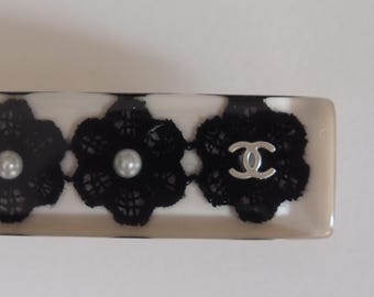 CHANEL COCO Mark Flower Lace Hair Clip Barrette White Black  display picture 2