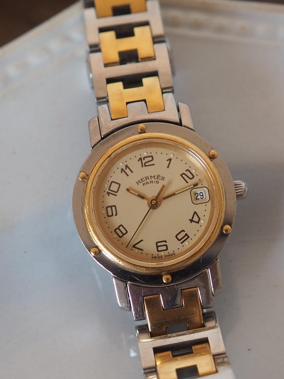 Hermes Clipper Watch Quartz Date Carre Logo Silver Color Gold ❣️ Hermès Clipper Vintage Watch Circa 1990s Gold Plated  main image 3