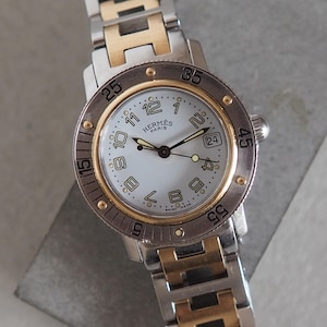 HERMES Clipper Diver Watch Watches Stainless Steel Ladies Silver Gold Color Combi Watch Wristwatch Quartz Vintage Authentic