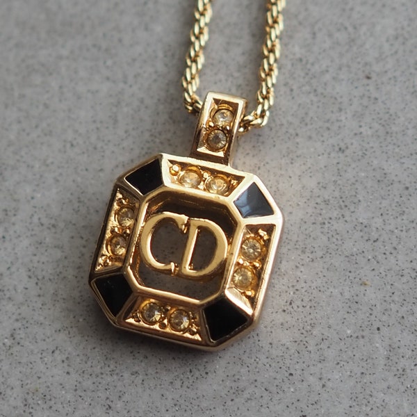 Christian Dior Necklace CD Logo Rhinestone Vintage Metal Gold Black Authentic