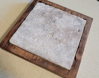 Handcrafted wood and Natural Stone Trivet Claros Silver Tumbled Trivet
