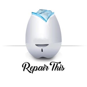 May include: White ceramic diffuser shaped like a rose with a blue light inside. The diffuser has the text "Repair This" written below it.