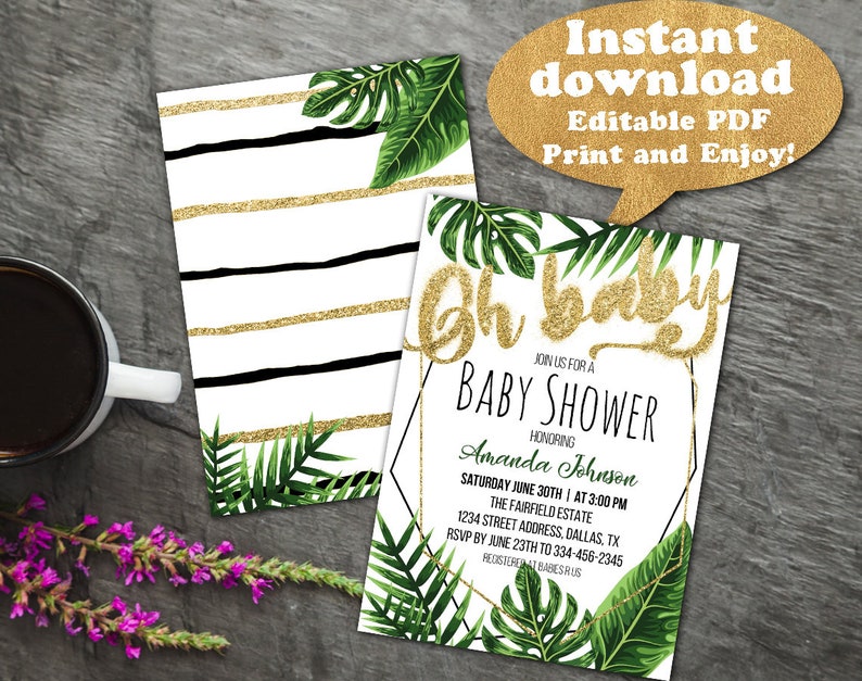 Tropical Baby Shower Invitation Tropical Leaves Baby Shower Etsy