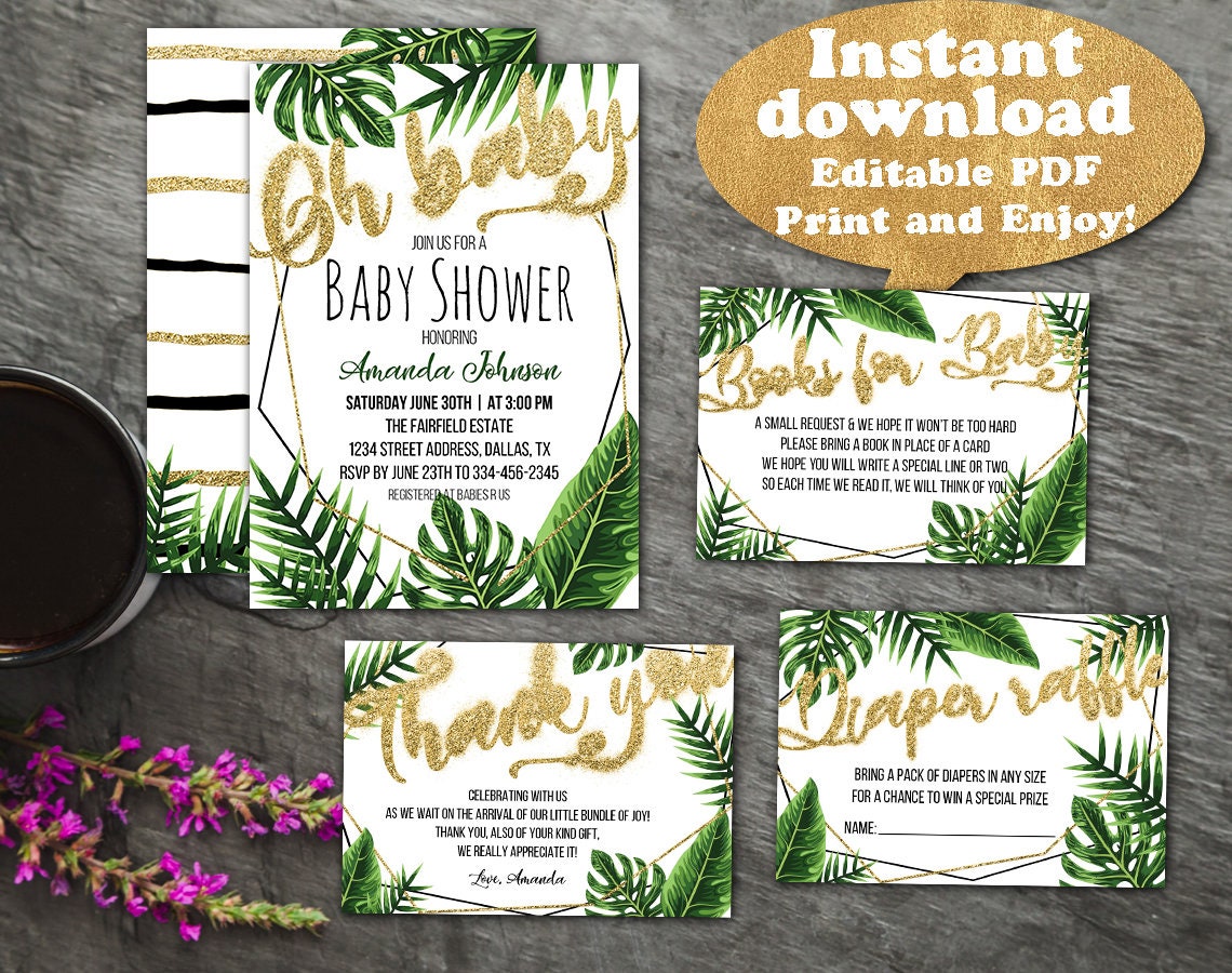 Tropical Baby Shower Invitation Set Gold Tropical Baby Shower Etsy