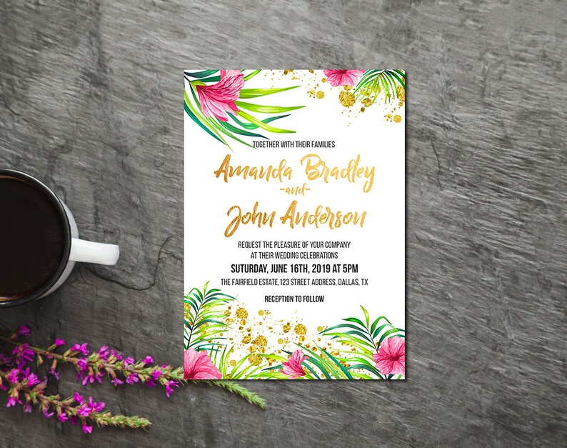 Gold Tropical Wedding Invitation Tropical Printable Wedding Etsy