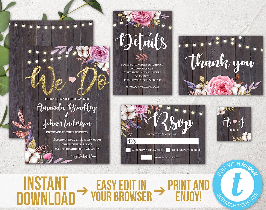 We Do Rustic Wedding Invitation Kits Floral Rustic Wedding Etsy