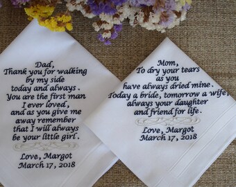 Personalised Wedding Handkerchiefs for Mother and Father of the Bride, Embroidered hanky Mom and Dad of Bride from Daughter, gift box free!