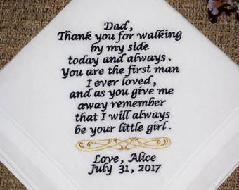 Gift for Father of the Bride from Bride Embroidered Wedding Hankerchief Dad of the Bride "Thank you for walking" GIFT ENVELOPE Handmade