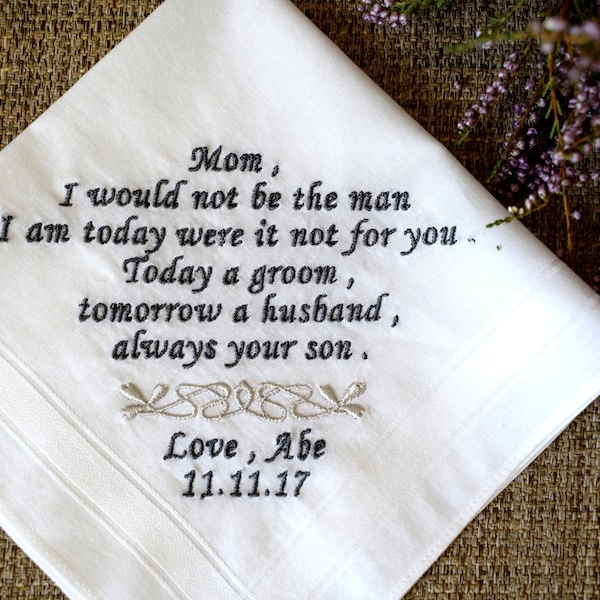 Mother of the Groom from Son, Wedding Hankerchief Embroidered, Mom of the Groom gift, Wedding gifts, Handkerchiefs, Gift for Mom, Gift Box