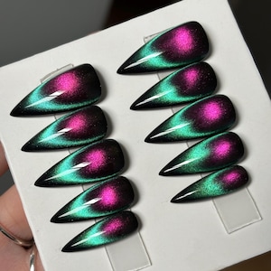 COVEN | 9D Purple-Pink & Teal French Tip Cat Eye | Color Shifting | Witchy Nails | Halloween | Luxury Gel Nails | Made To Order