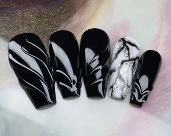 LOREN | Après Gel-X Press Ons | 3D Textured | Black & White Marble Accent | Reusable | Made To Order