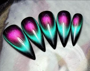 Coven | 9D Purple-Pink & Teal Cat Eye | Color Shifting | Reusable Luxury Gel Press On Nails | Made to Order