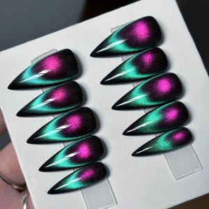 Coven | 9D Purple-Pink & Teal Cat Eye | Color Shifting | Reusable Luxury Gel Press On Nails | Made to Order