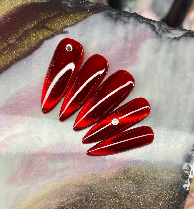RUBY SLIPPER Après Gel X Nails Flashy Red Jelly Over Silver Cat Eye W ...