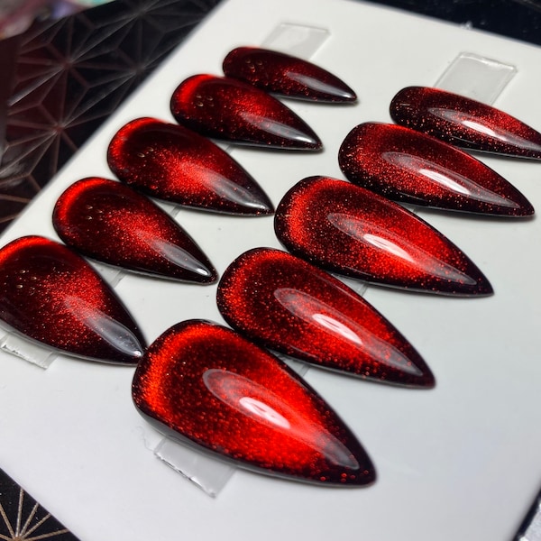 BOUJIE RED | Après Gel X Luxury Press Ons | Vibrant Red Jelly 3D Effect Cat Eye | Reusable | Made To Order