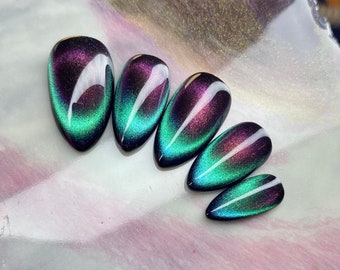 COVEN | Après Gel X Press On Nails | Magenta-Gold & Aqua-Violet | Color Shifting Cat Eye |  Reusable | Made To Order