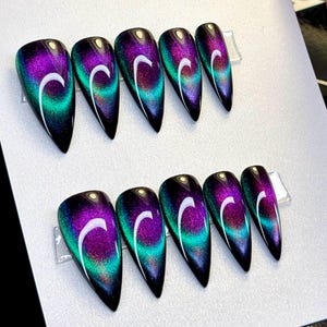 Coven | 9D Purple-Pink & Teal French Tip Cat Eye | Witchy Nails | Reusable Luxury Gel Nails | Made to Order