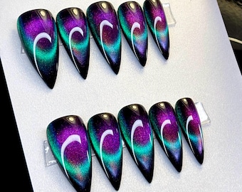 Coven | 9D Purple-Pink & Teal French Tip Cat Eye | Witchy Nails | Reusable Luxury Gel Nails | Made to Order