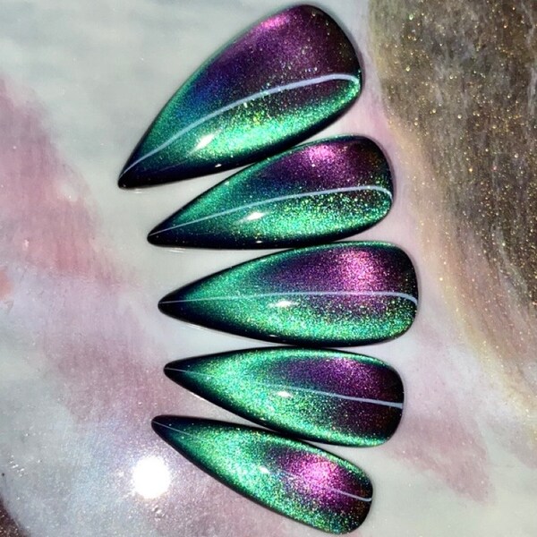COVEN | Après Gel X Press On Nails | Magenta-Gold & Aqua-Violet | French Tip Cat Eye | Color Shifting |  Reusable | Made To Order