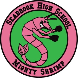 May include: A circular logo in pink and green with the text "Seabrook High School" around the outside and "Mighty Shrimp" at the bottom. A pink shrimp with boxing gloves is in the centre.