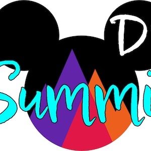 May include: A black and white Mickey Mouse head silhouette with a purple, red, and orange mountain design in the center. The text "D2 Summit" is written in white on the right ear.