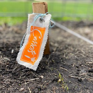 Puede incluir: Una etiqueta de tela blanca con fondo naranja y la palabra "Carrot" escrita en blanco. La etiqueta está unida a una estaca de madera en el suelo.